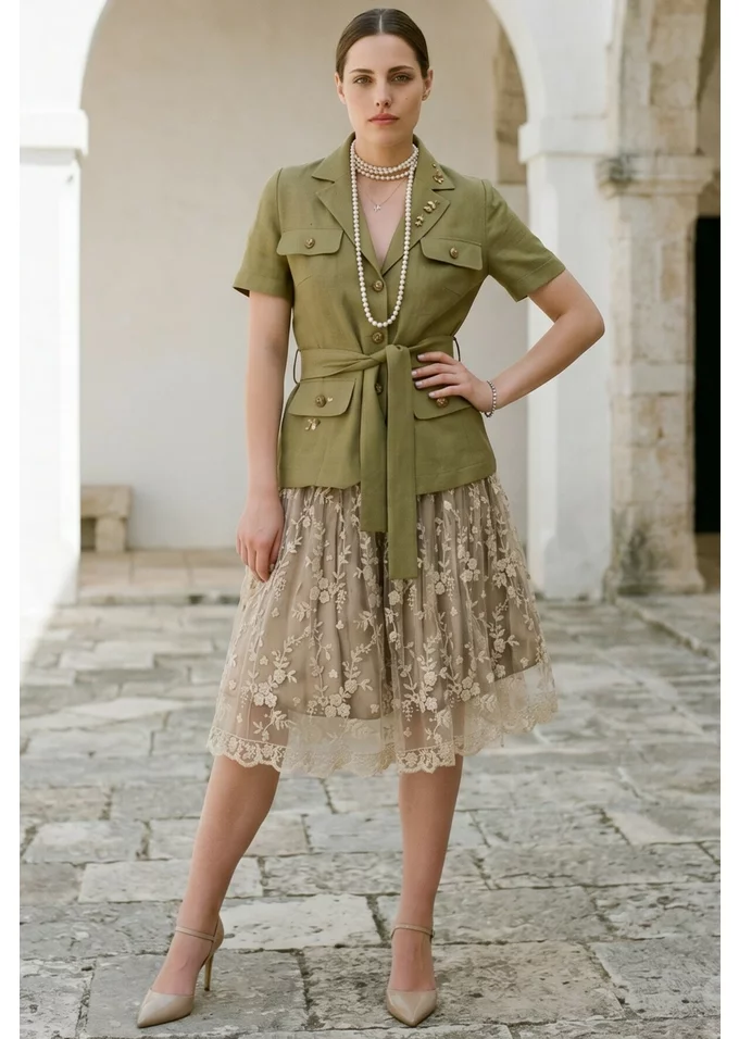 Sacou safary cu cordon si pietre din in olive