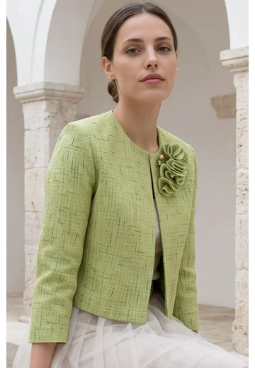 Sacou scurt lime glow din tweed cu flori 3d