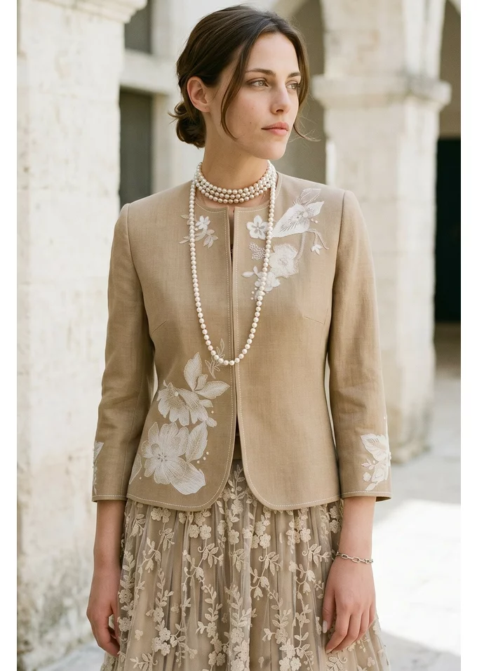Sacou sienna din bumbac natur cu broderie crem auriu