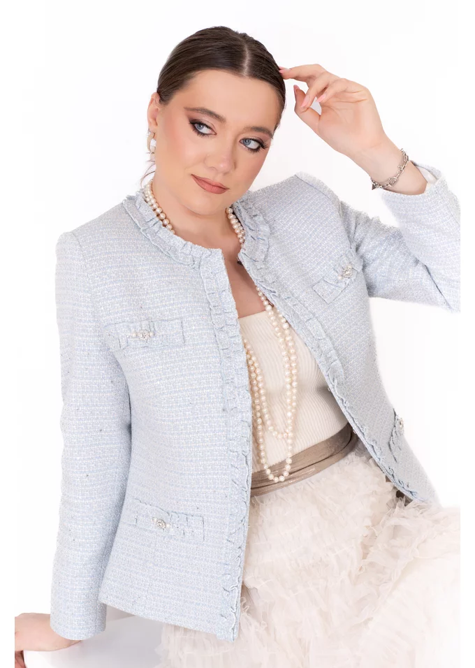 Sacou sky blue din tweed cu micropaiete