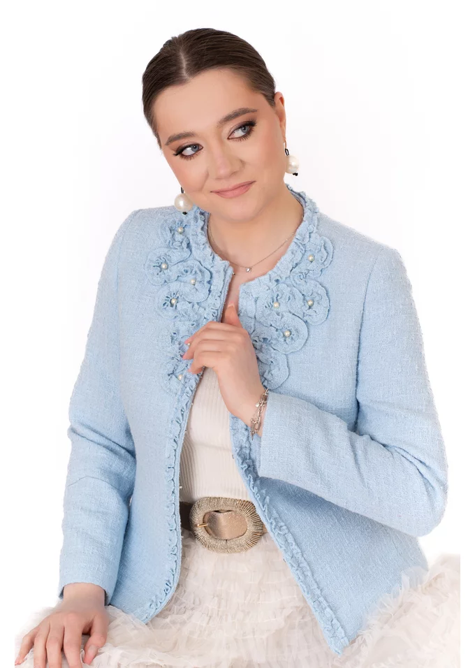 Sacou sky ruffles din tweed baby blue