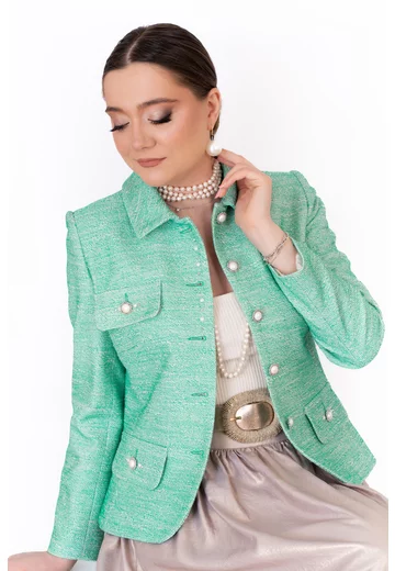 Sacou spring mentol din tweed accesorizat cu nasturi tip bijuterie