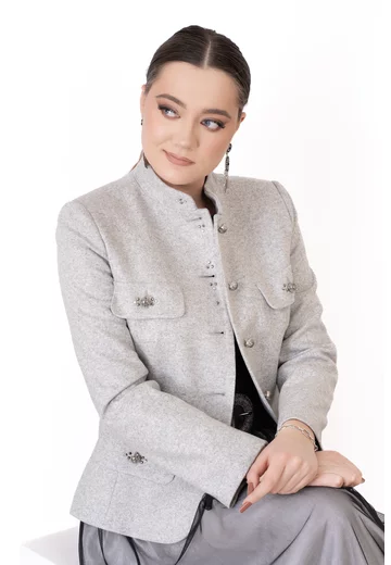 Sacou stylish din lana gri decorat cu nasturi bijuterie