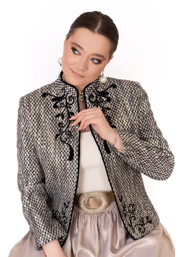 Sacou tweed laminat auriu cu broderie din catifea