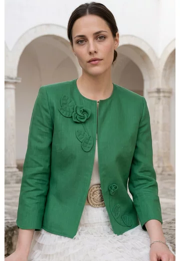 Sacou verde crud  din in cu detalii ton in ton