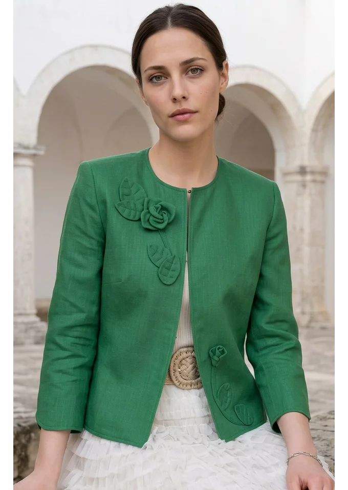 Sacou verde crud  din in cu detalii ton in ton