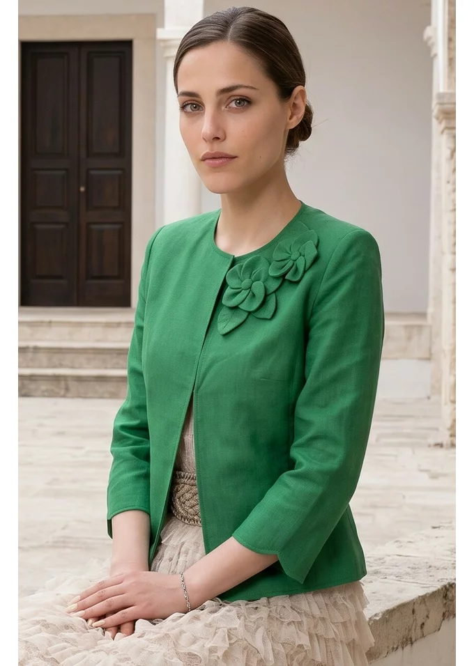 Sacou verde crud  din in decorat cu flori
