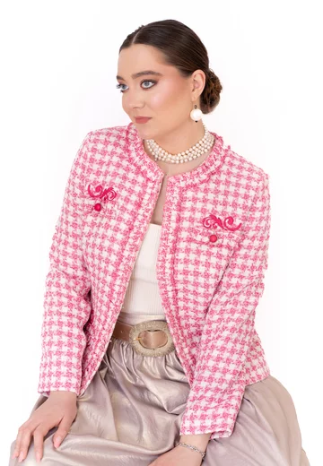 Sacou viva magenta din tweed  de bumbac