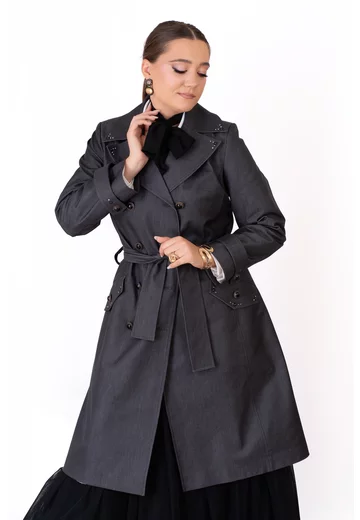 Trenci gray majesty cu cordon si nasturi tip bijuterie