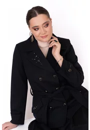 Trenci negru carbune din amestec de lana cu accente din pietre pe rever