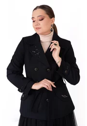 Trenci negru carbune din amestec de lana cu accente din pietre pe rever