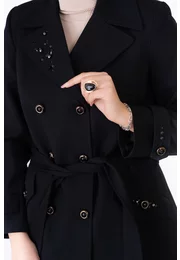 Trenci negru carbune din amestec de lana cu accente din pietre pe rever