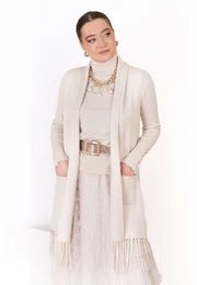 Vesta alba cu franjuri si buzunare