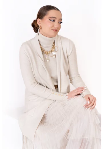 Vesta alba cu franjuri si buzunare