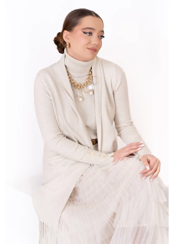 Vesta alba cu franjuri si buzunare