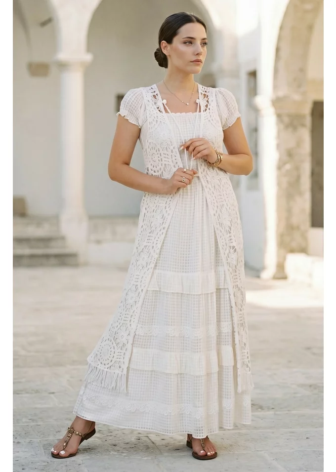 Vesta alba din macrame Boho Style