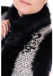 Vesta eleganta din tweed silver cream cu broderie si contur din blana