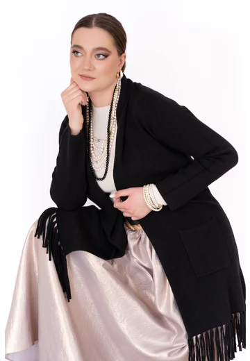 Cardigan negru cu maneca lunga si franjuri