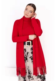 Cardigan rosu cu maneca lunga si franjuri