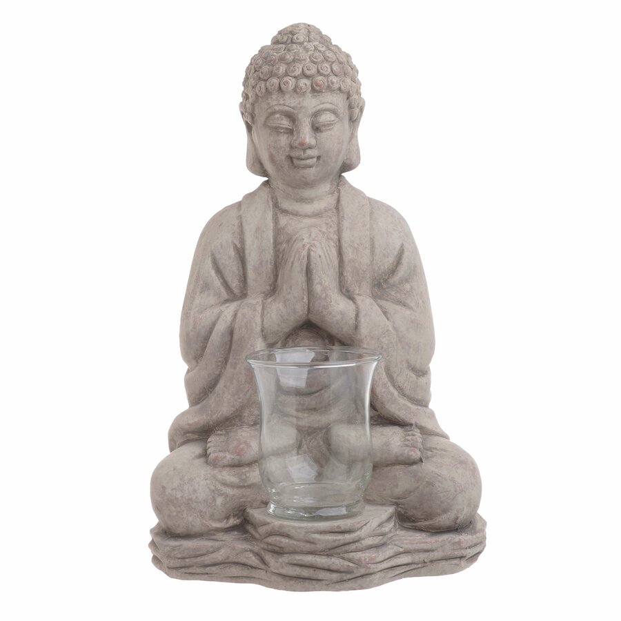 Poza Buddha Pray Suport lumanare, Ciment, Gri