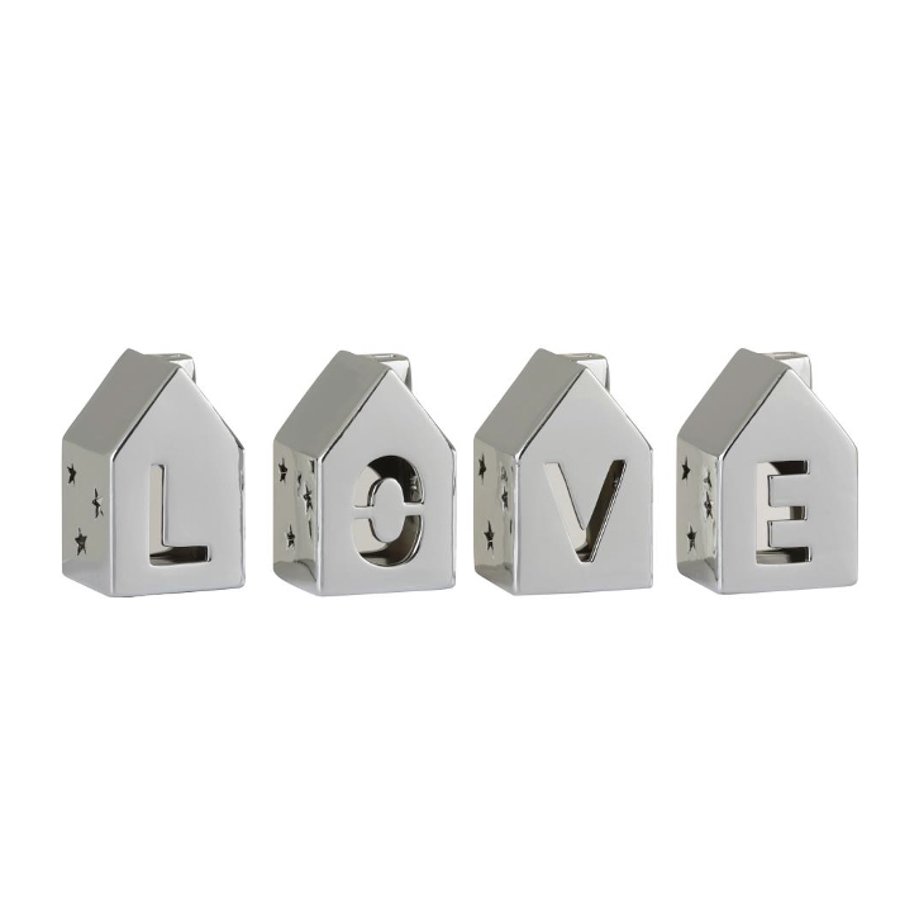 Love House Set 4 suport lumanari , Portelan, Argintiu