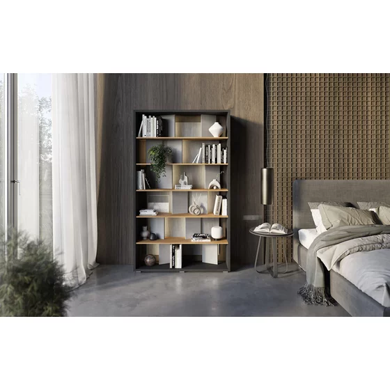 Biblioteca Fitt FP-01, 125x33x210 cm, Pal Melaminat, Grafit/Stejar/Gri Lucios picture - 6