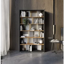 Biblioteca Fitt FP-01, 125x33x210 cm, Pal Melaminat, Grafit/Stejar/Gri Lucios