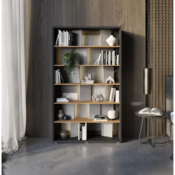 Biblioteca Fitt FP-01, 125x33x210 cm, Pal Melaminat, Grafit/Stejar/Gri Lucios picture - 1
