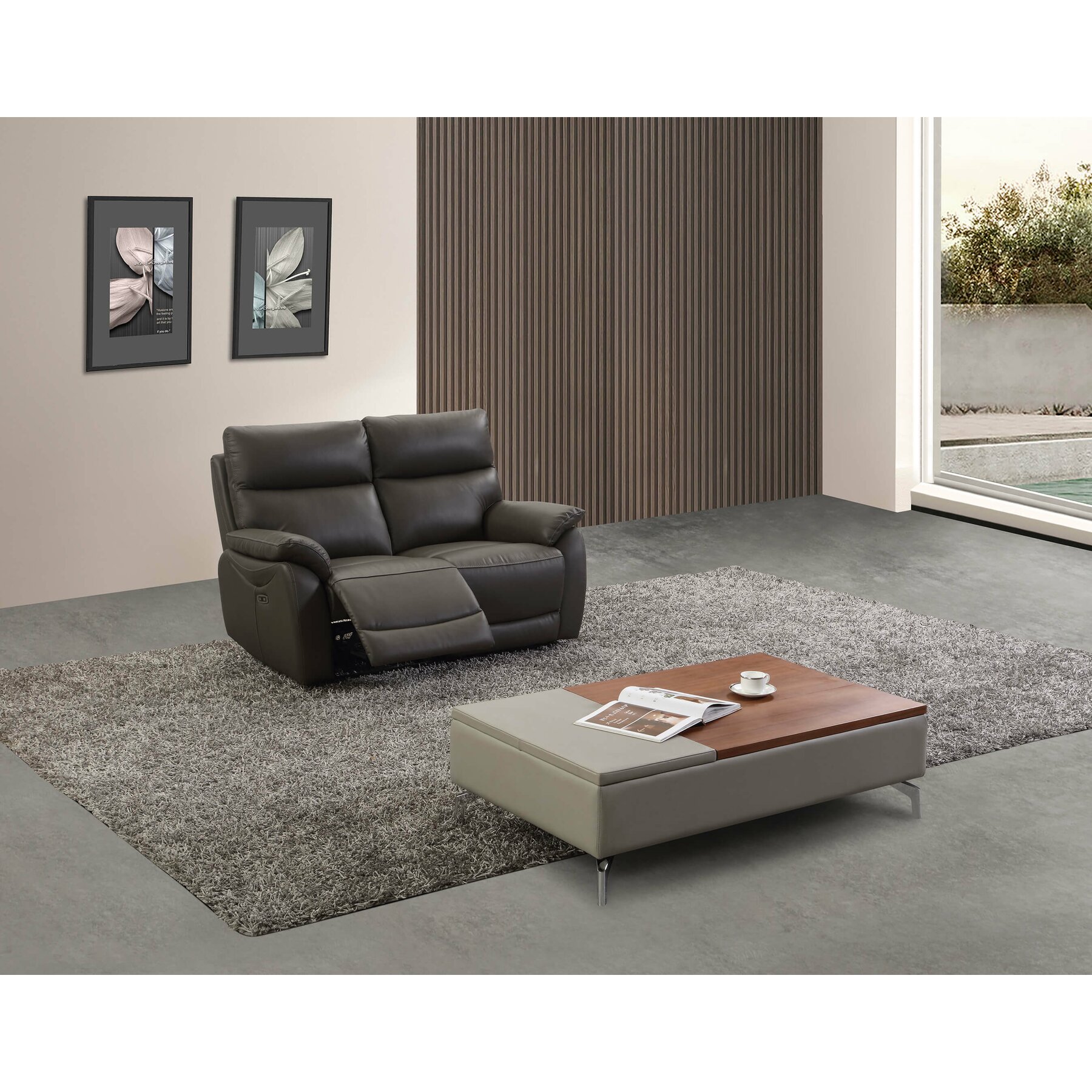 Canapea cu Recliner Electric, Heidal 2L, 143x92x100 cm, Gri Nisipiu - Piele Naturala