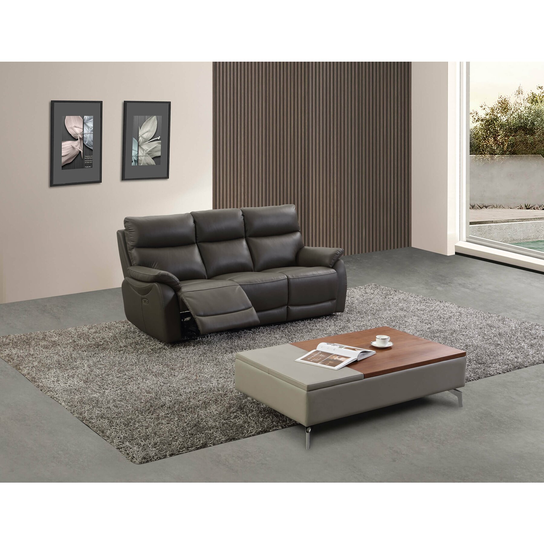 Canapea cu Recliner Electric, Heidal 3L, 195x92x100 cm, Gri Nisipiu - Piele Naturala