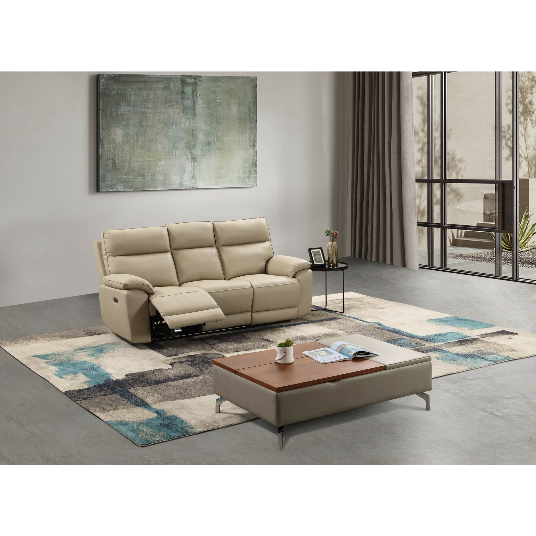 Canapea cu Recliner Electric Klause, 201x93x101 CM, Piele Naturala, Cappuccino