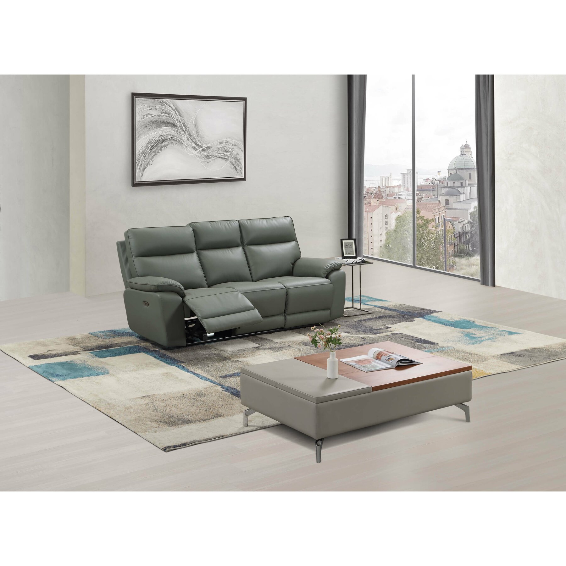 Canapea cu Recliner Electric Klause, 201x93x101 CM, Piele Naturala, Grey-Blue