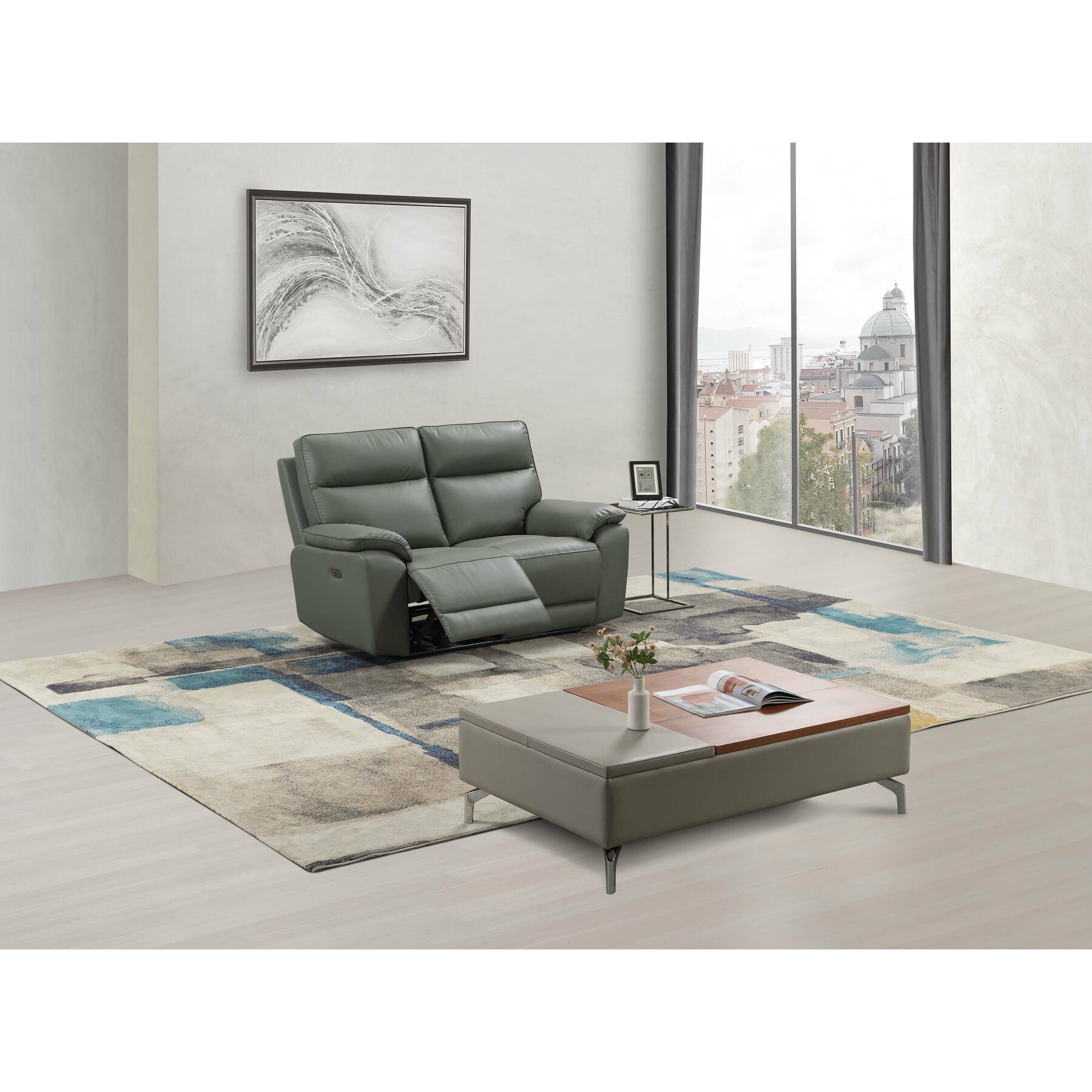 Canapea cu Recliner Electric Klause 2L, 153x93x101 CM, Piele Naturala, Grey-Blue