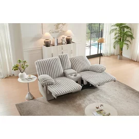 Canapea cu Recliner Siete 2RR + Sistem Audio si Suport Pahare, 202x100x102 h cm, Stofa Raiata, Beige
