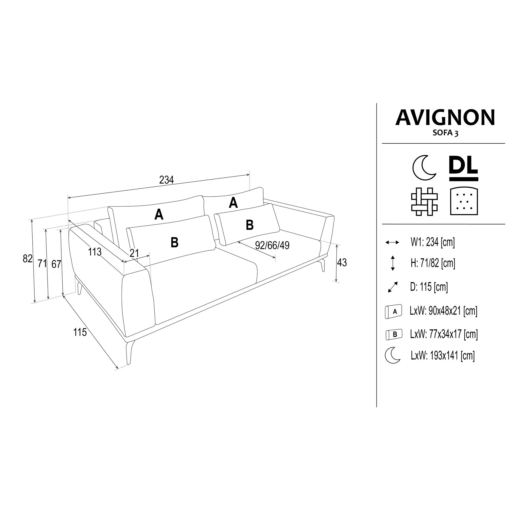 Canapea Extensibila Avignon, 234x115x71/82 cm, Stofa, Crem - Kalenda