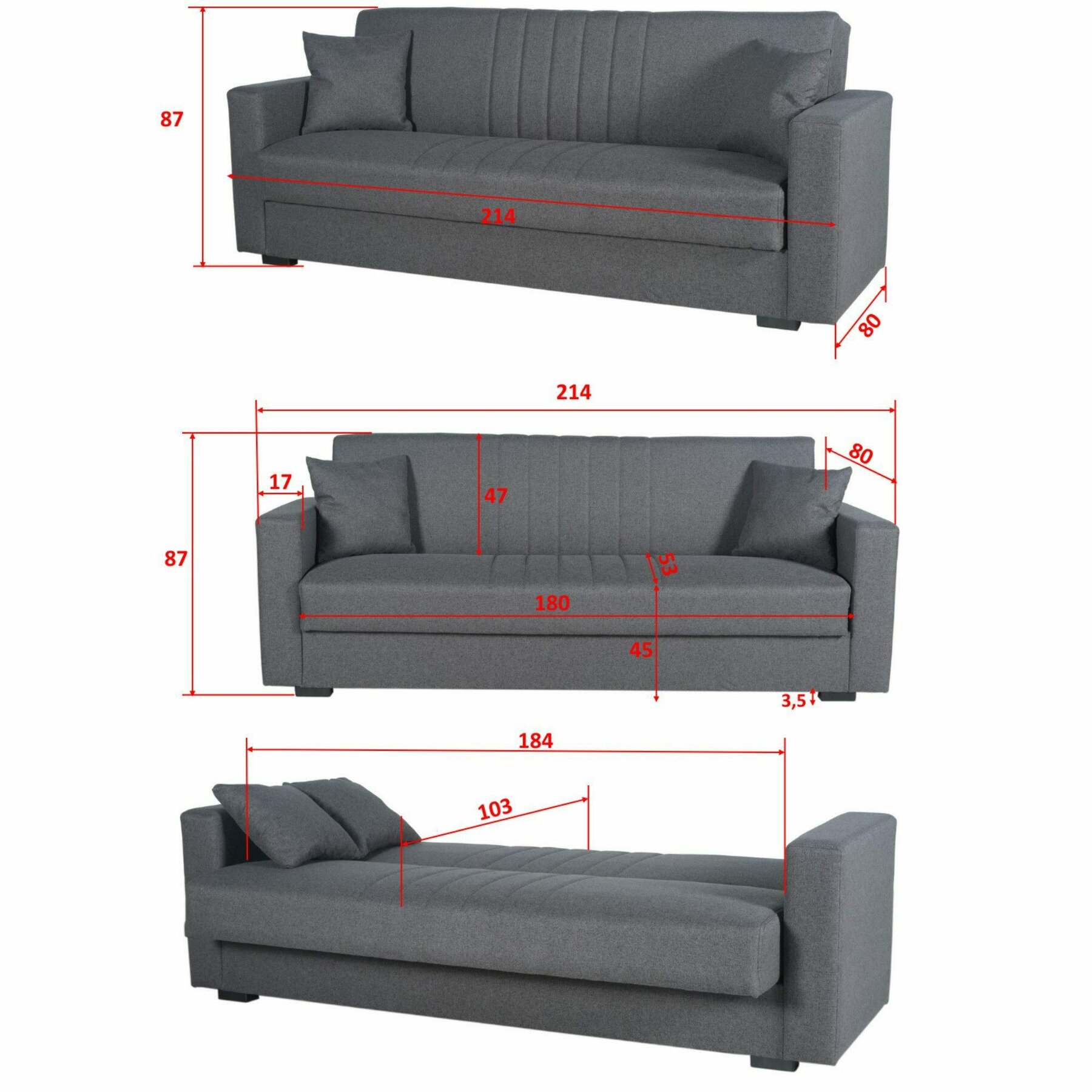 クレア スタンフィールド Canapea Extensibila Star, 214x80x87 cm, Stofa - Gri - Kalenda