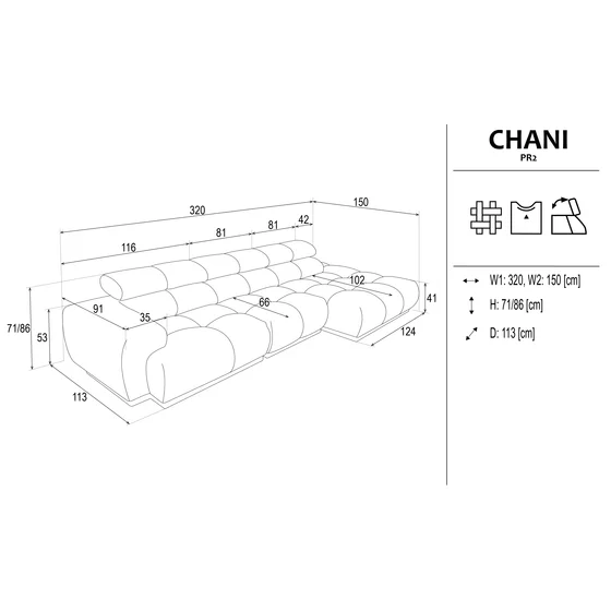 Coltar Chani PR2, 320x150x71-86 cm, Stofa, Grafit picture - 8