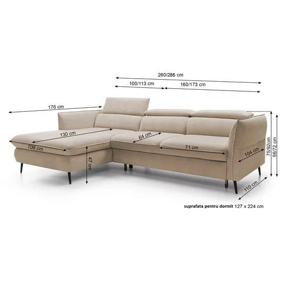 Coltar Extensibil Mango, 260-286x176x75-92 cm, Stofa, Beige Inchis picture - 3