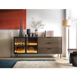 Comoda 2 Usi + 3 Sertare Lumi, 181.3x39.3x82.6 h cm, MDF/Sticla, Stejar Dunin