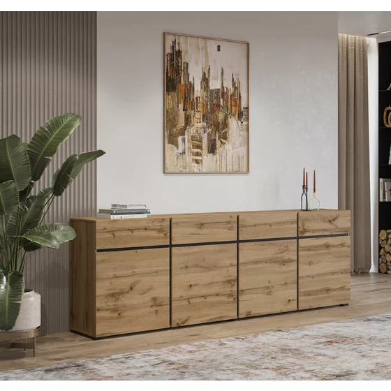 Comoda 4 Usi + 4 Sertare, Cross,  225x40x75 cm, Pal Melaminat, Stejar Wotan picture - 1