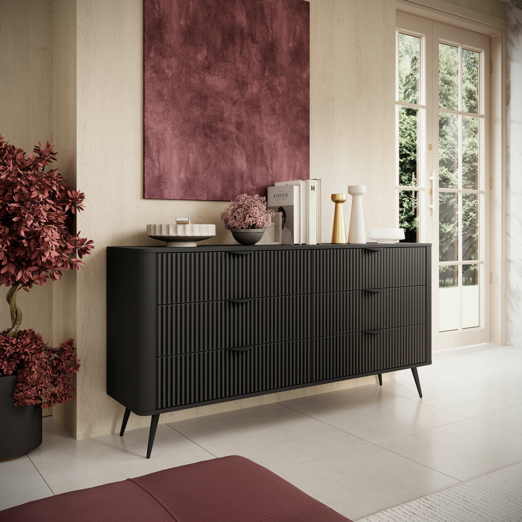 Comoda 6 Sertare, Lante 163-6S, 163.2x38x81.2 cm, MDF, Negru - Kalenda