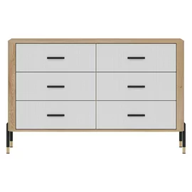 Comoda Dante, 6 Sertare - 140.5x40x88 cm, Pal Melaminat/MDF cu Riflaj Stejar Cremona/Alb Mat