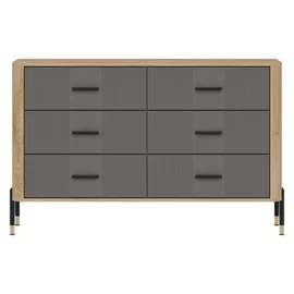 Comoda Dante, 6 Sertare - 140.5x40x88 cm, Pal Melaminat/MDF cu Riflaj Stejar Cremona/Gri