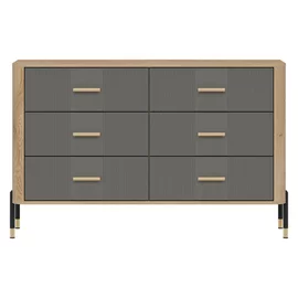 Comoda Dante, 6 Sertare - 140.5x40x88 cm, Pal Melaminat/MDF cu Riflaj Stejar Cremona/Gri