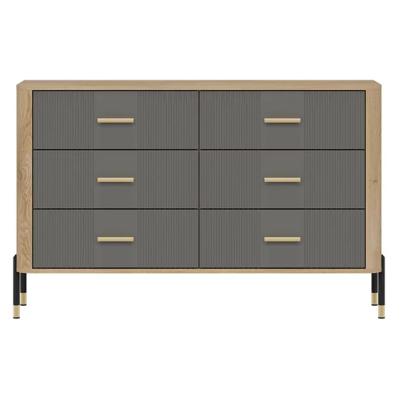 Comoda Dante, 6 Sertare - 140.5x40x88 cm, Pal Melaminat/MDF cu Riflaj Stejar Cremona/Gri picture - 1
