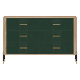 Comoda Dante, 6 Sertare - 140.5x40x88 cm, Pal Melaminat/MDF cu Riflaj, Stejar Cremona/Verde