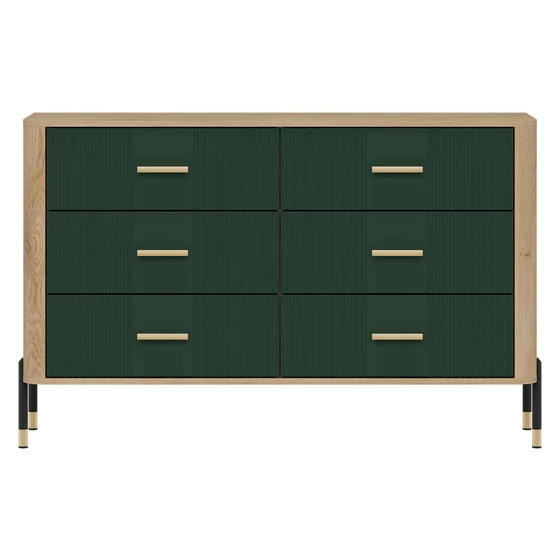 Comoda Dante, 6 Sertare - 140.5x40x88 cm, Pal Melaminat/MDF cu Riflaj, Stejar Cremona/Verde picture - 1
