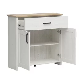 Comoda Loksa, 2 Usi + Sertar, 102x37x99 cm, Pal Melaminat, Pin Alb/Stejar Gradson