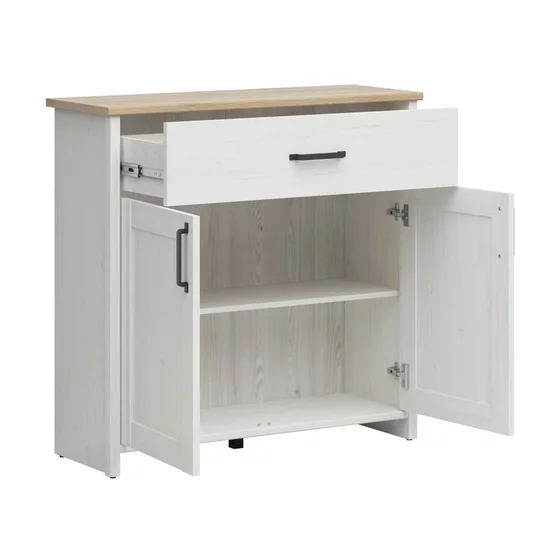Comoda Loksa, 2 Usi + Sertar, 102x37x99 cm, Pal Melaminat, Pin Alb/Stejar Gradson picture - 2