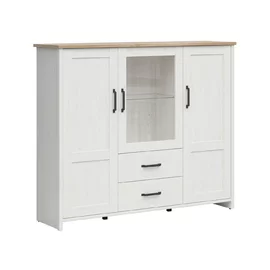 Comoda Loksa, 2 Usi + Usa Sticla + 2 Sertare, 160x43x135 cm, Pal Melaminat, Pin Alb/Stejar Gradson